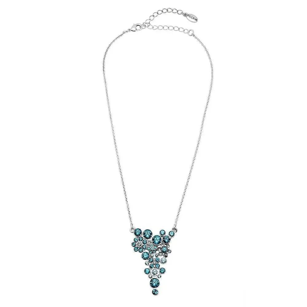 Pilgrim Silvertone Blue Crystal Cluster Dangle Pendant Necklace